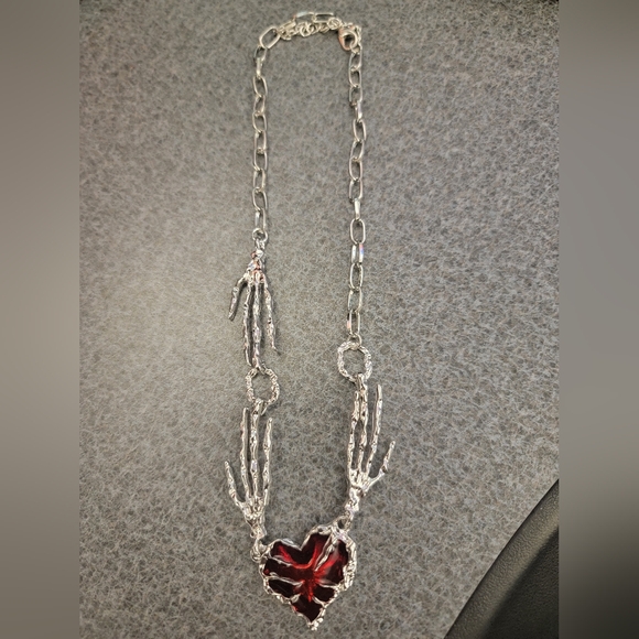 Gothic Punk Heart Shaped Pendant Necklace with Skeleton Hands/Claws - Picture 1 of 1